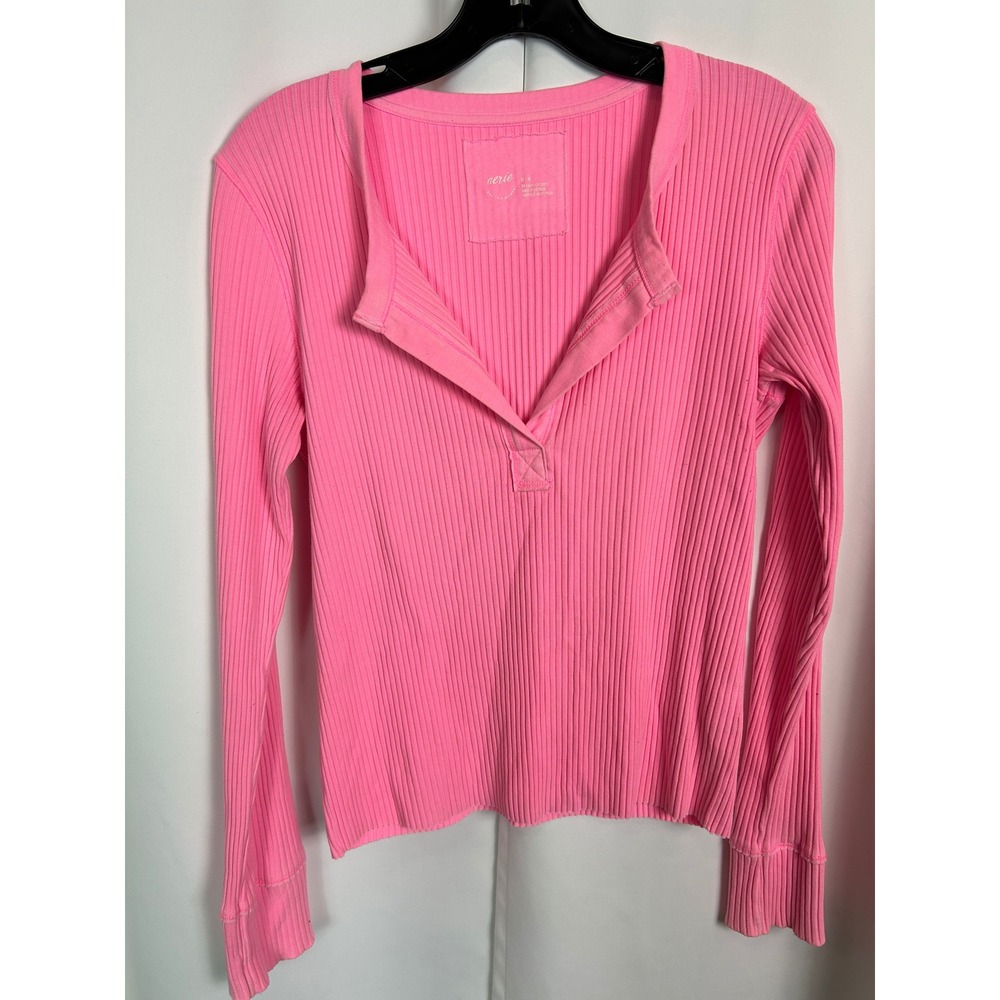 Aerie Pink Feminine Ribbed Long Sleeve Henley Top Casual Preppy Mdium
